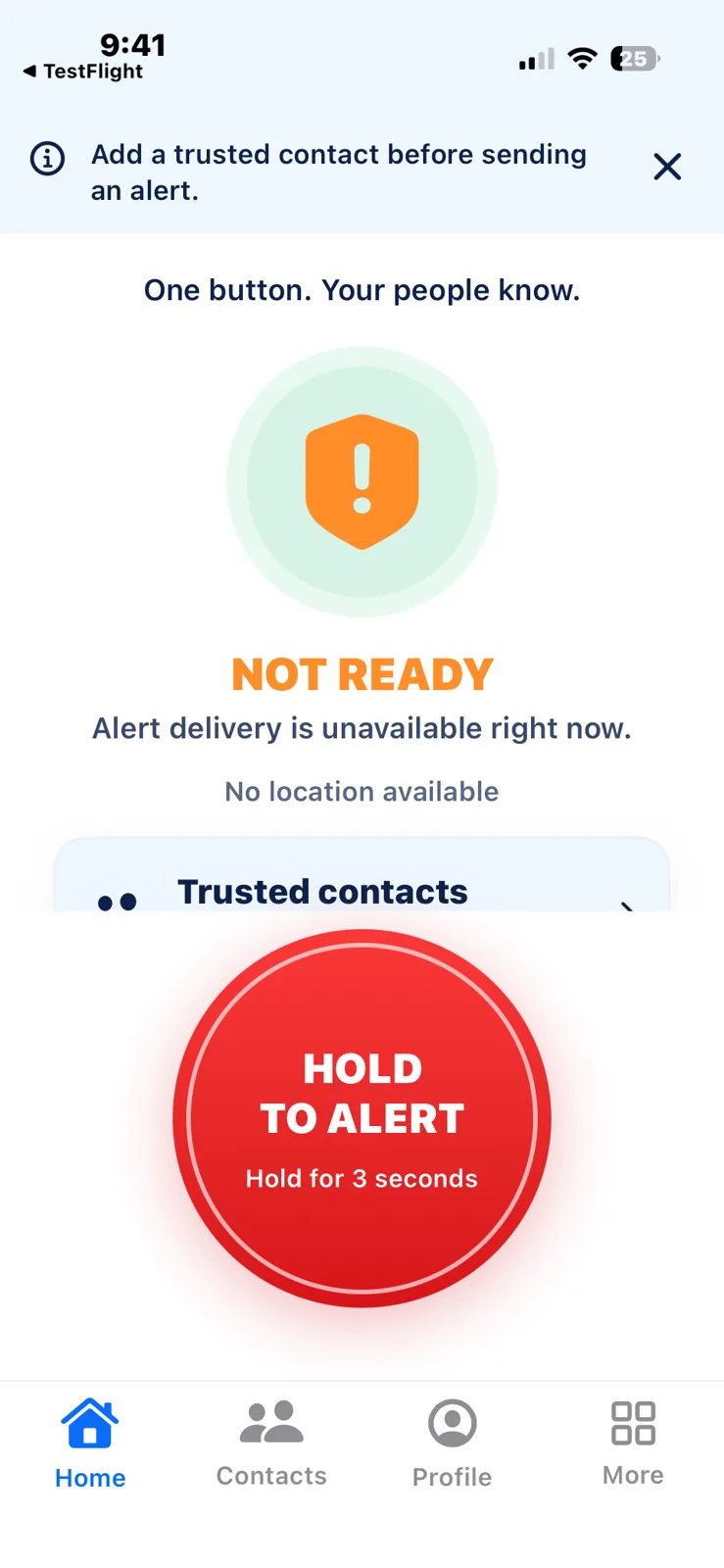 Actual V1 LIFE screen with red emergency button